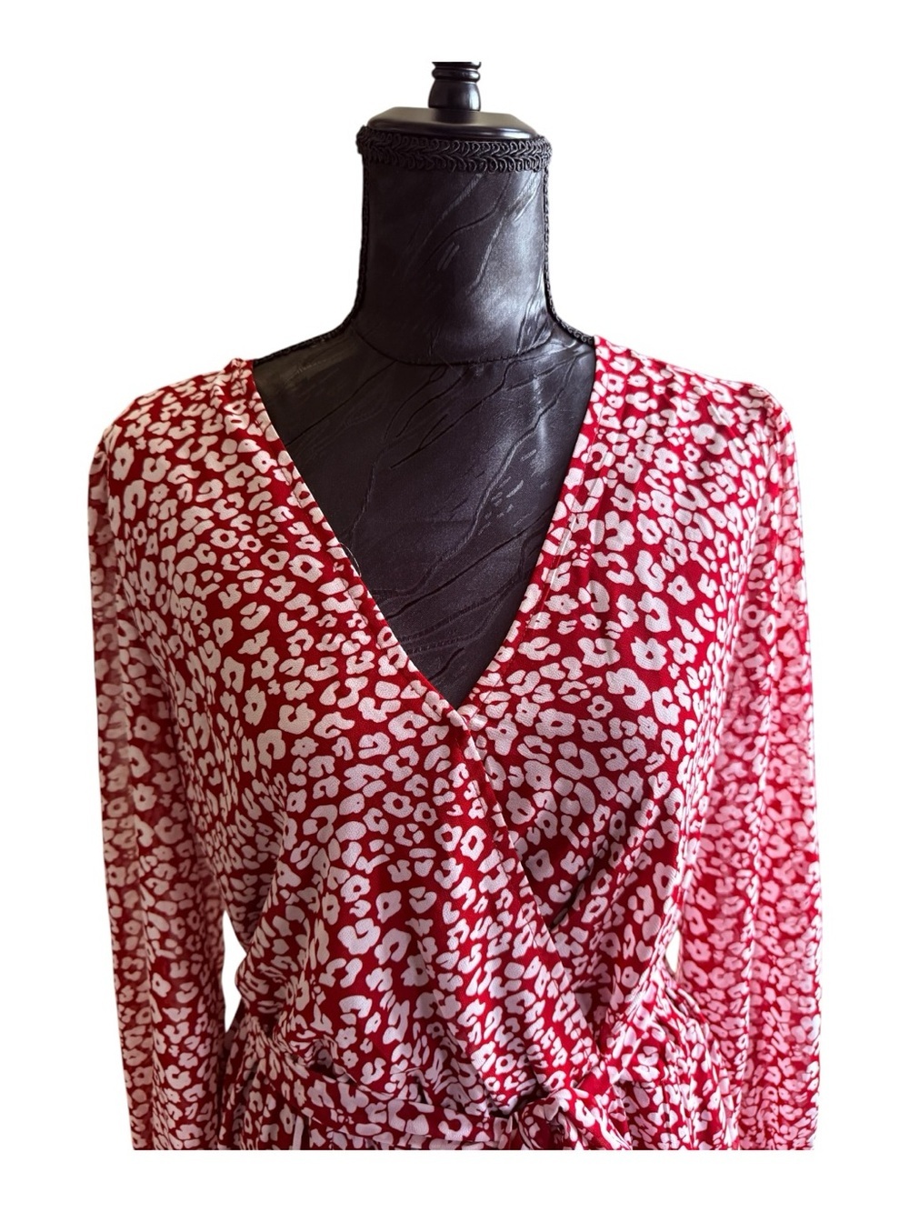PRETTYGARDEN Womens Large Red White Floral Wrap Midi Dress Long Sleeve V Neck - Picture 4 of 11